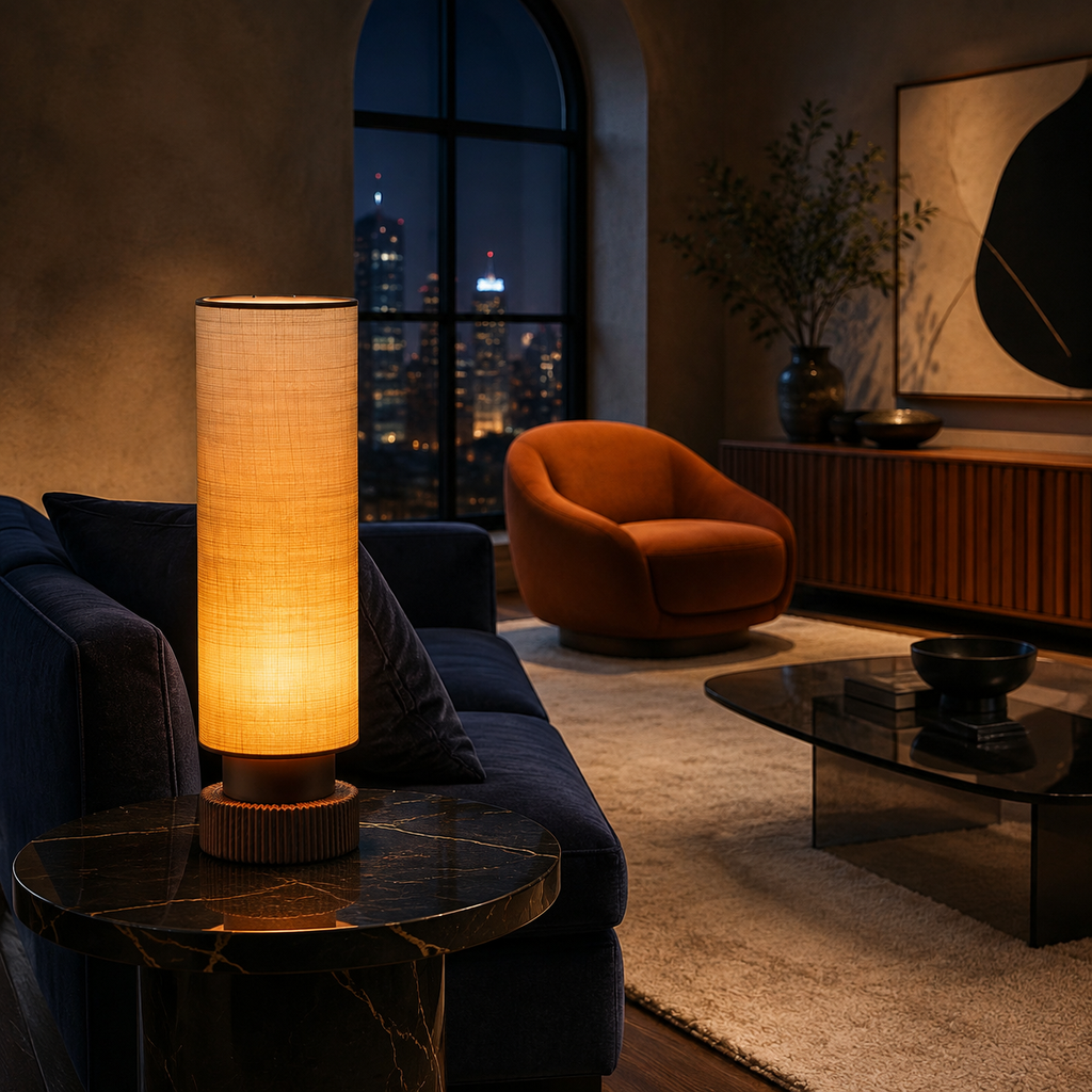 Tall woven cylinder lamp glowing amber on marble side table in midnight city-view living room