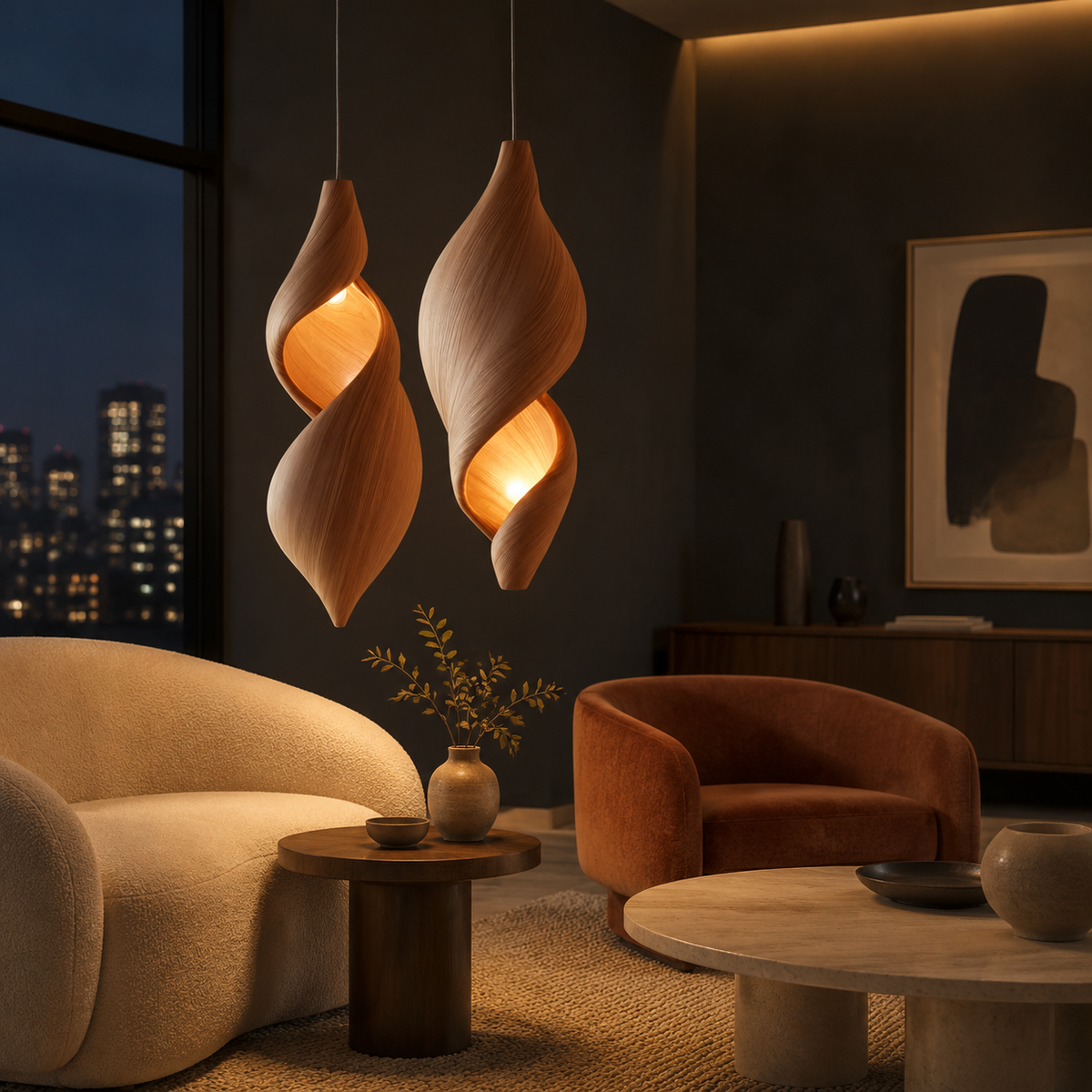 Pair of sculptural twisted oak pendant lamps glowing amber in midnight city-view living room