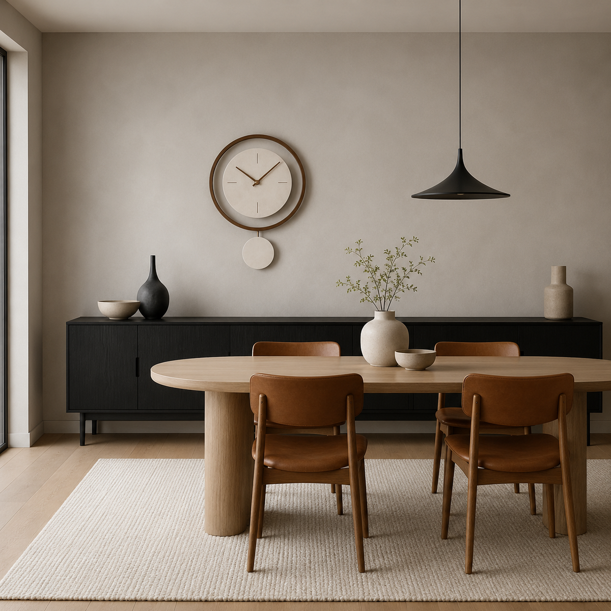Modern pendulum clock above a sideboard