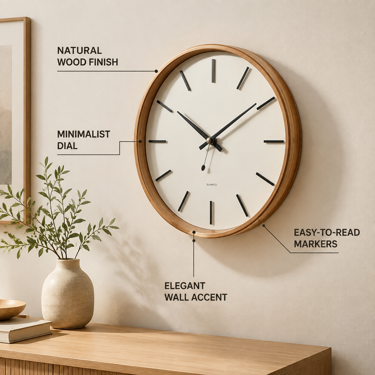Natural wood wall clock lifestyle mockup in living room