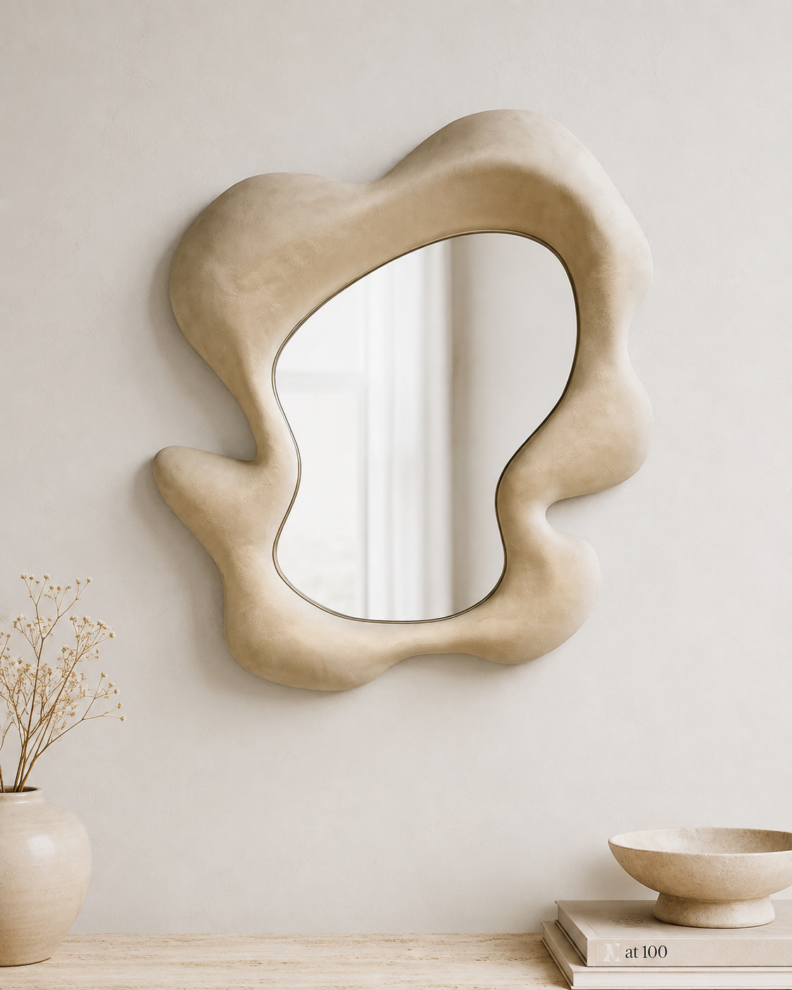Organic cloud plaster mirror above wood sideboard with ceramic vase and books in warm minimalist entryway