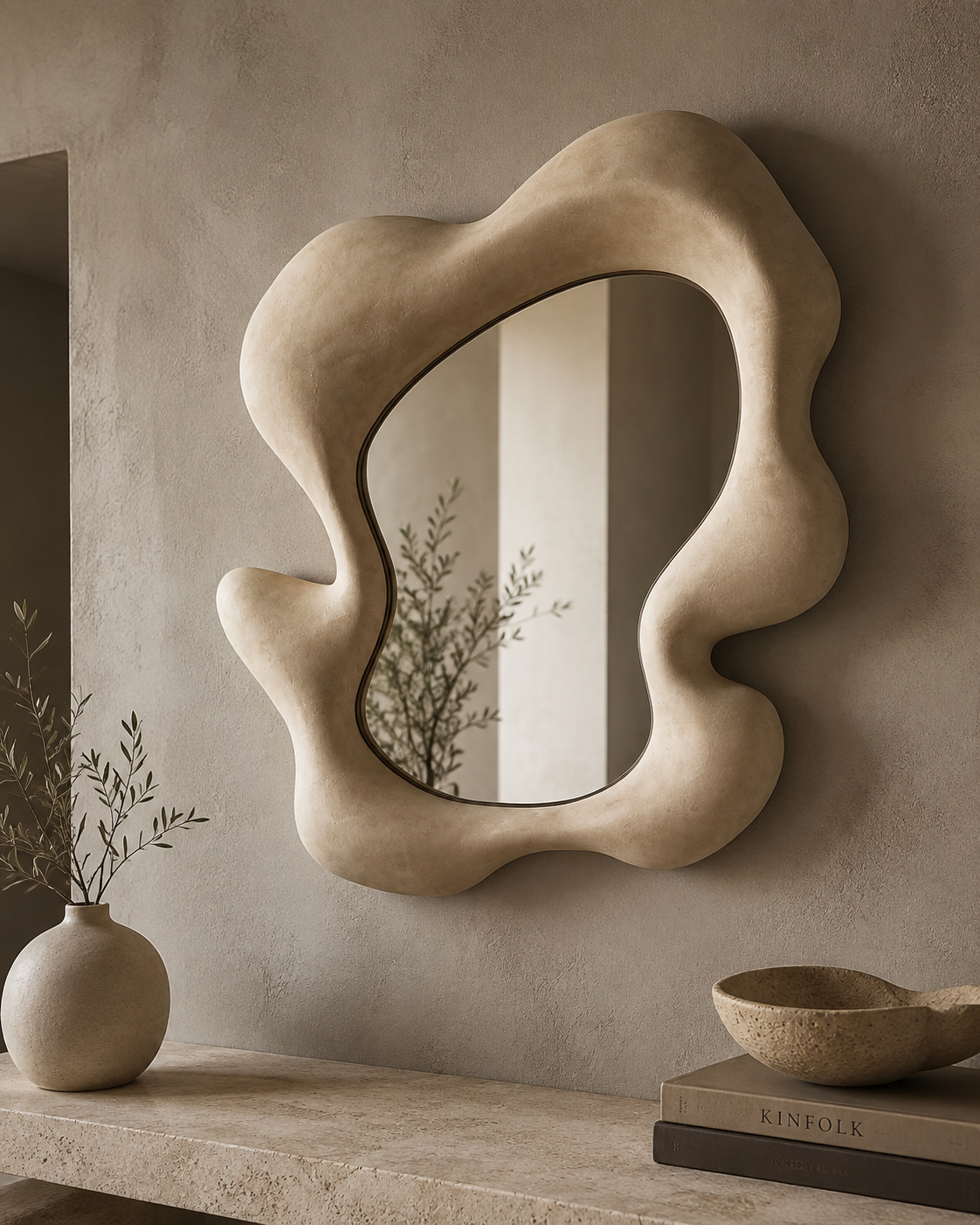 Large sculpted cloud mirror on textured plaster wall above stone shelf with round vase and ceramic bowl
