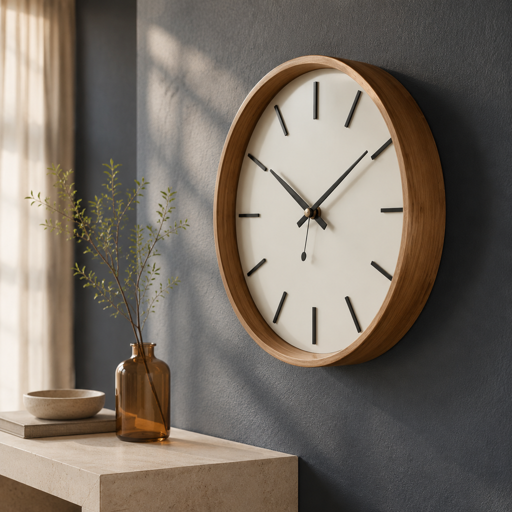 Right-angle view of wood clock in modern interior