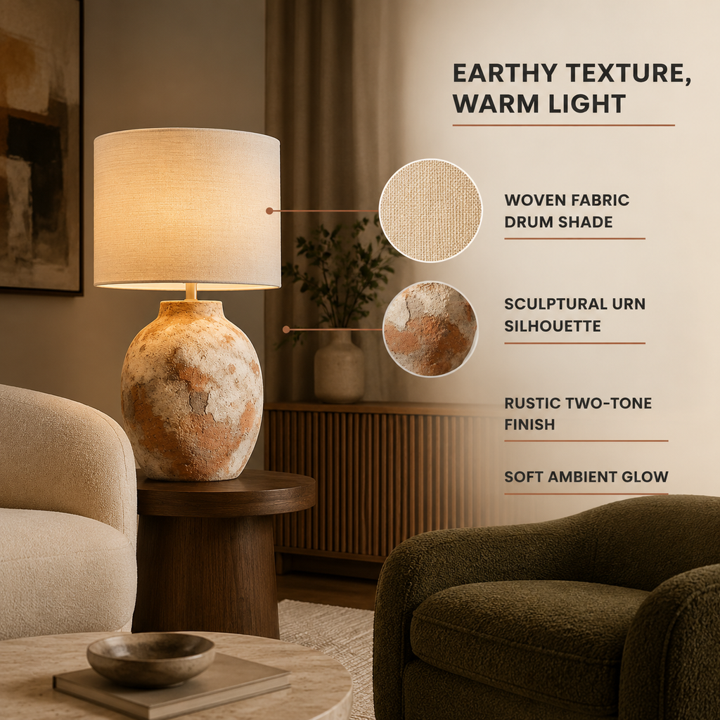 Rustic ceramic lamp glowing warmly in living room with green wall