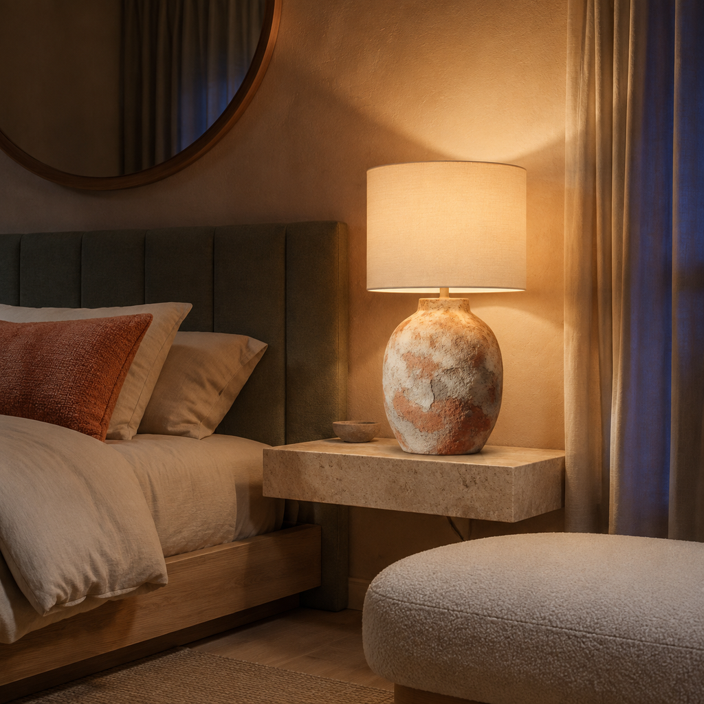 Rustic ceramic urn lamp on travertine bedside table in Japandi bedroom