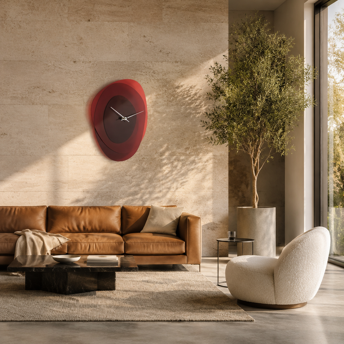 Sculptural coral clock in a loft living room