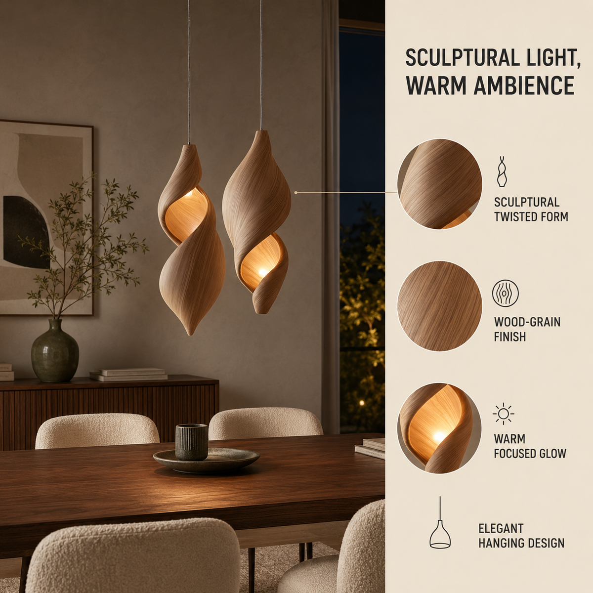 Feature callout infographic - sculptural light warm ambience, twisted form wood-grain finish warm glow