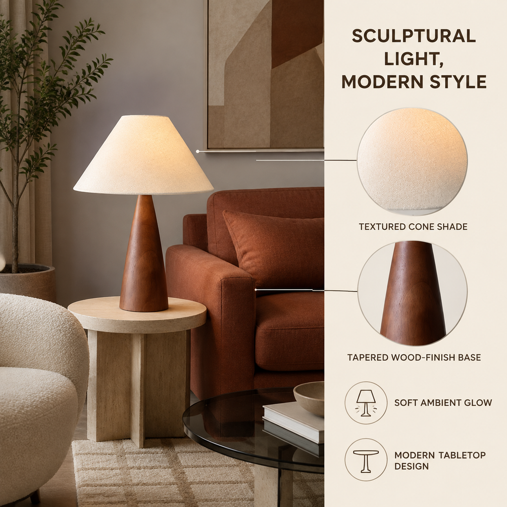 Feature callout infographic - sculptural light modern style, textured cone shade and tapered wood-finish base
