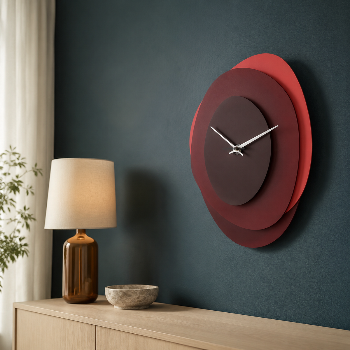 Sculptural three-layer clock in blue-green interior