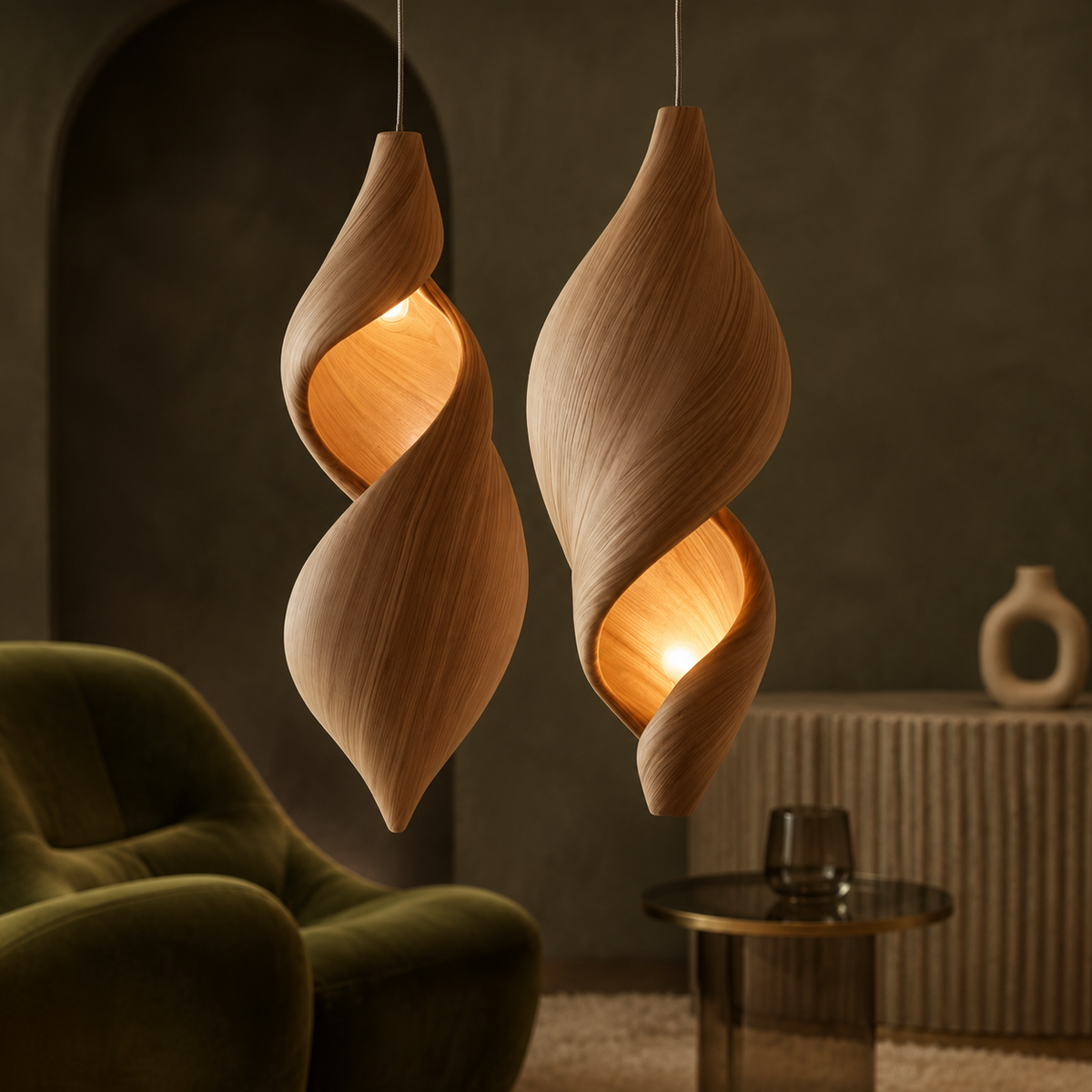 Two twisted wood sculptural pendants in sage green arched nook