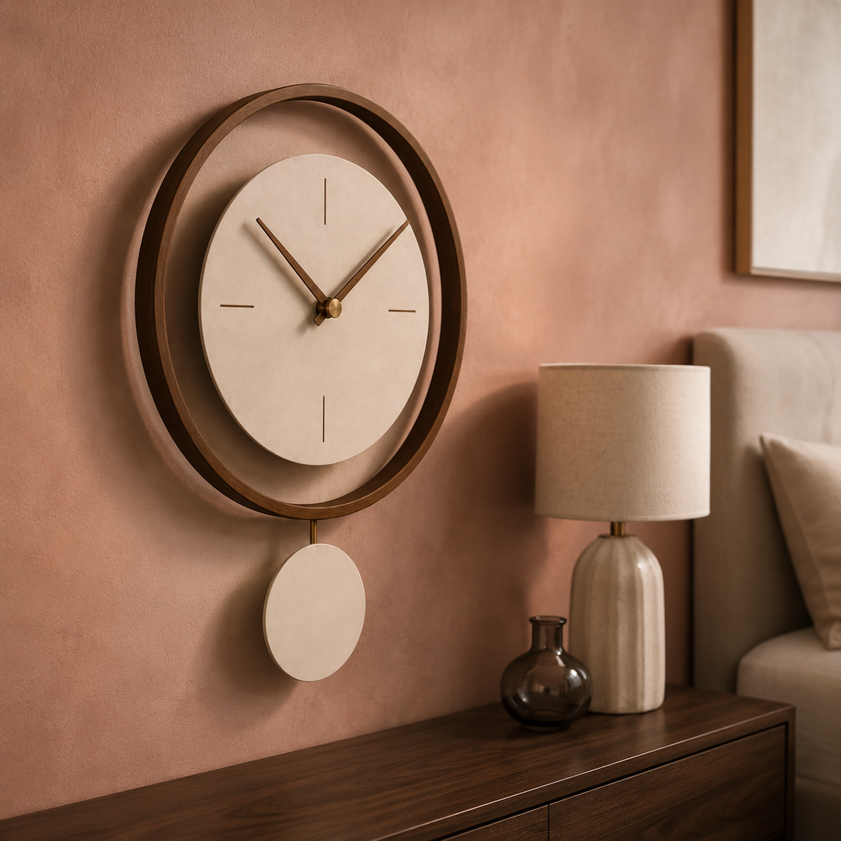 Walnut pendulum clock in dusty rose room