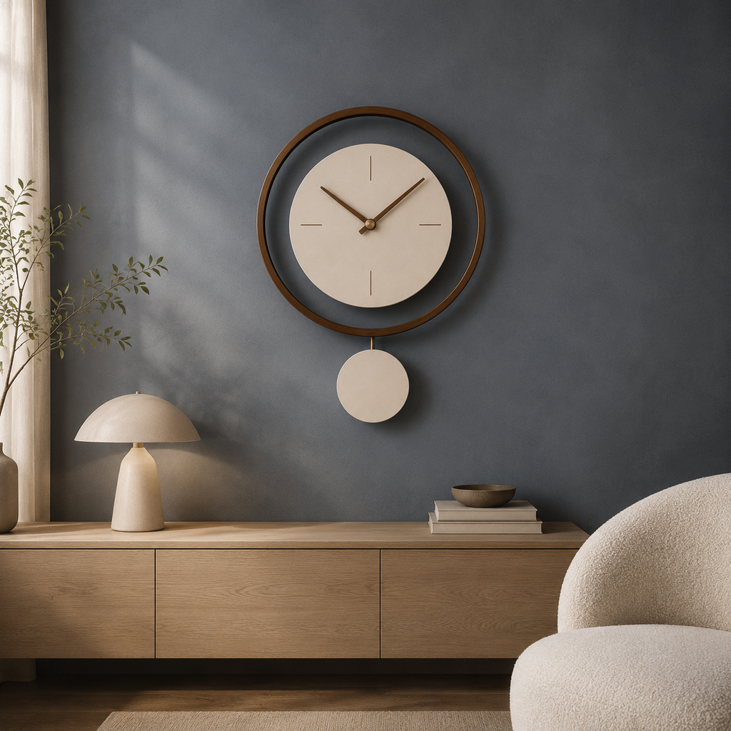 Walnut pendulum clock in blue-grey interior