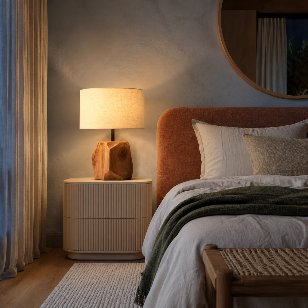 Warm faceted lamp on bedside table in serene bedroom