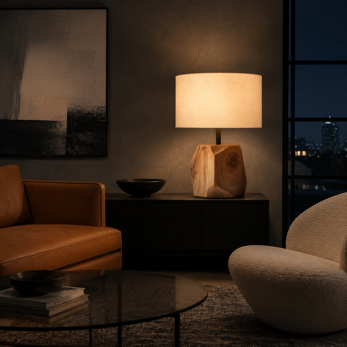 Faceted wood lamp glowing warmly in modern living room at night