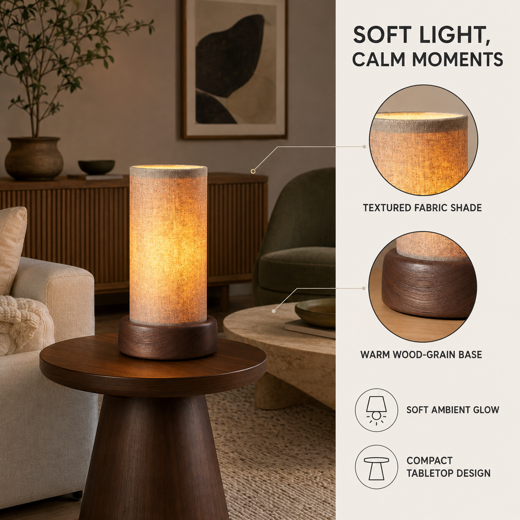 Feature callout infographic - soft light calm moments, textured fabric shade and warm wood-grain base
