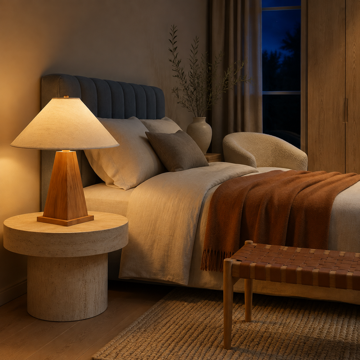 Pyramid wood base lamp glowing warmly on travertine bedside table in cosy bedroom