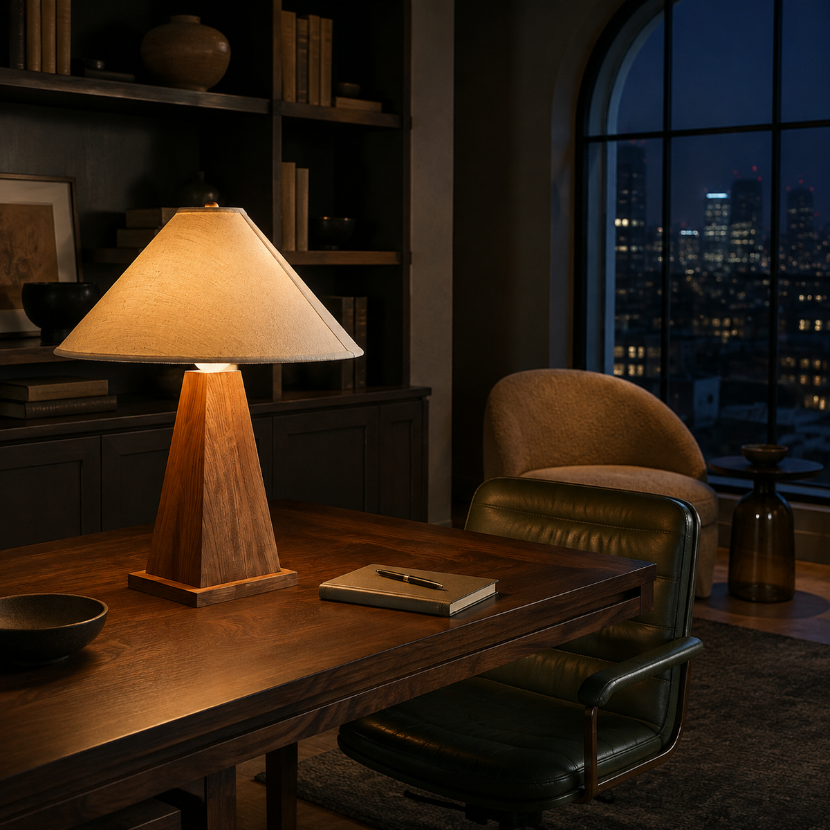 Pyramid lamp on dark wood desk in nighttime office with city view