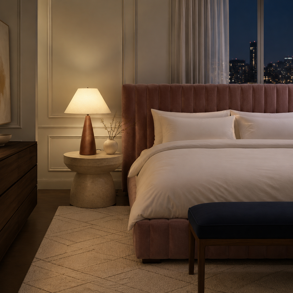 Tapered walnut cone lamp glowing softly on travertine bedside table in luxury city-view bedroom