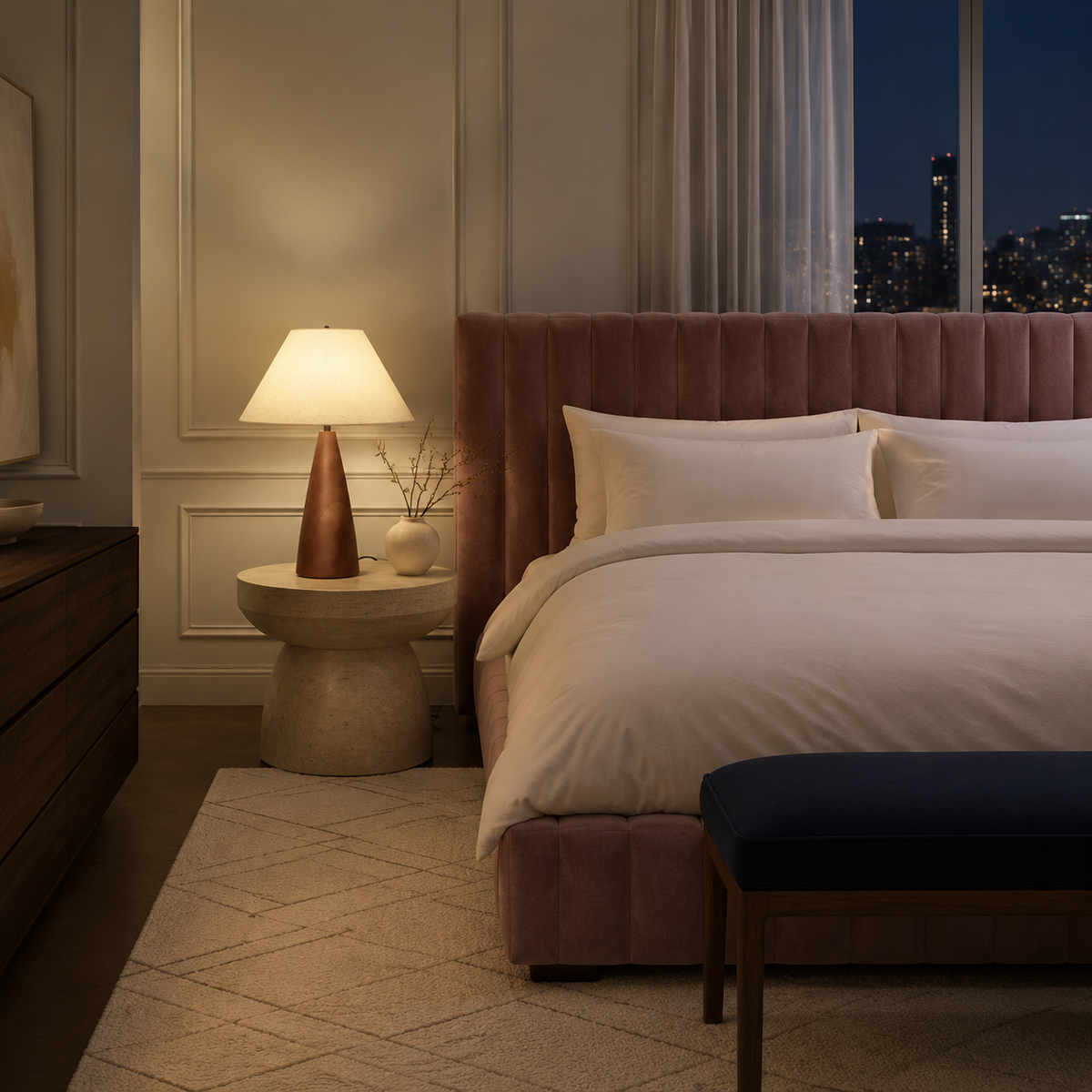 Tapered walnut cone lamp glowing softly on travertine bedside table in luxury city-view bedroom