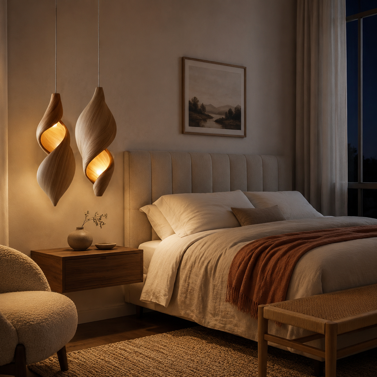 Pair of organic twisted oak pendants hanging beside Japandi bed in warm bedroom