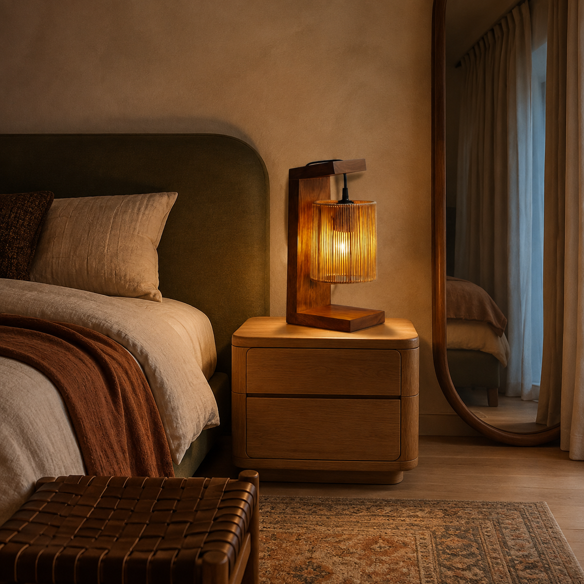 Raffia lamp on bedside table in serene warm bedroom