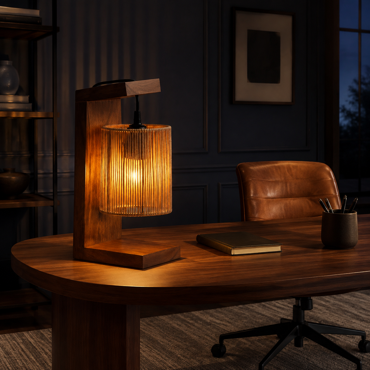 Warm raffia lamp glowing on desk in midnight office