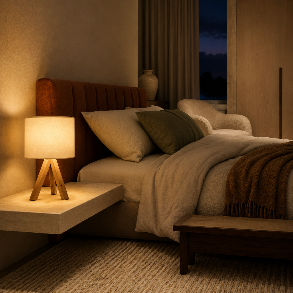Compact wooden tripod lamp on floating bedside shelf in warm bedroom