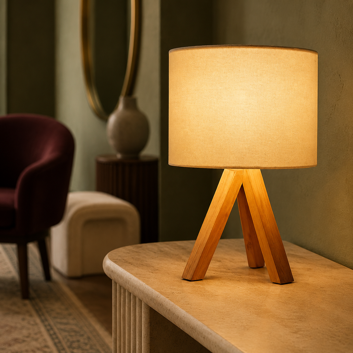 Wooden tripod lamp on travertine console in sage green entryway
