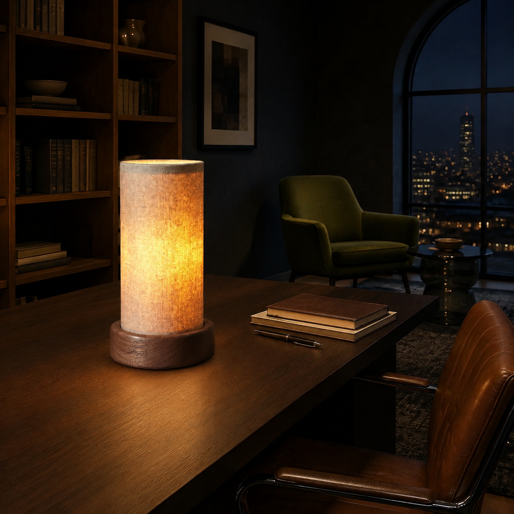 Compact woven lamp on dark wood desk in midnight city-view study