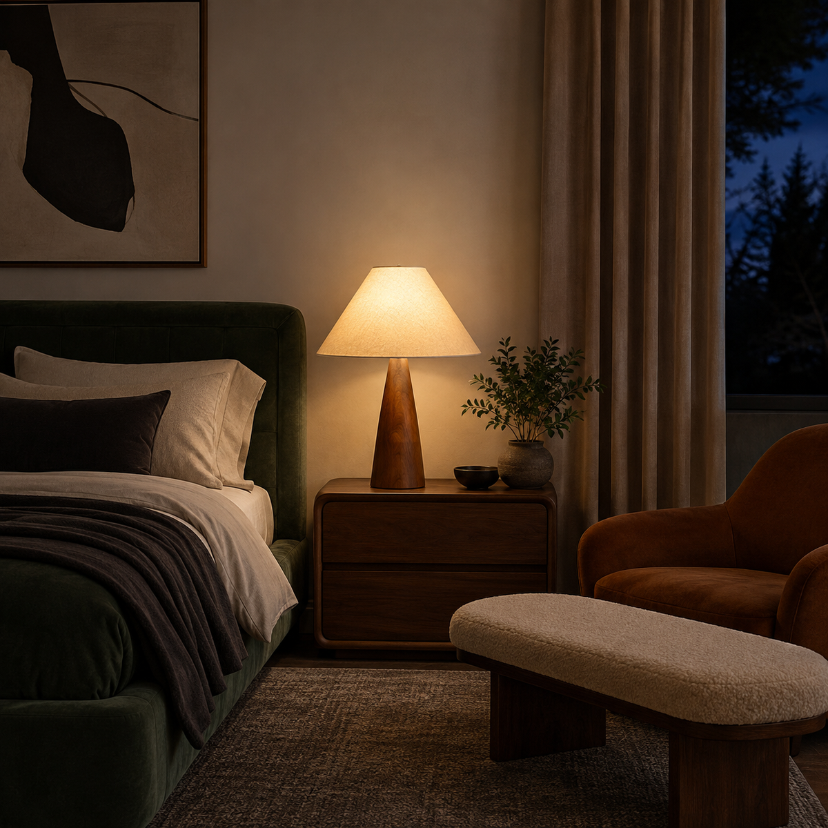Wood cone table lamp casting warm amber glow on dark wood nightstand in moody bedroom