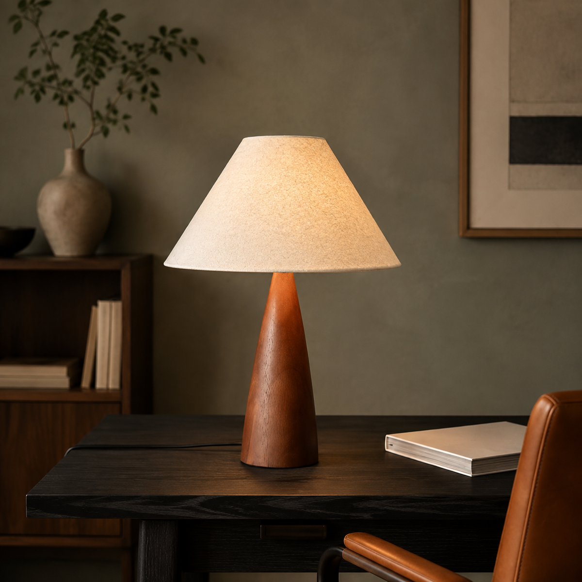 Tapered wood lamp on dark desk beside sage green wall in modern home office