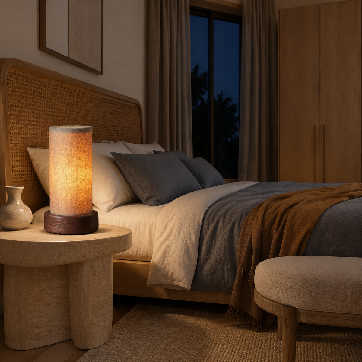 Compact woven cylinder lamp glowing amber on travertine bedside table in Scandinavian bedroom