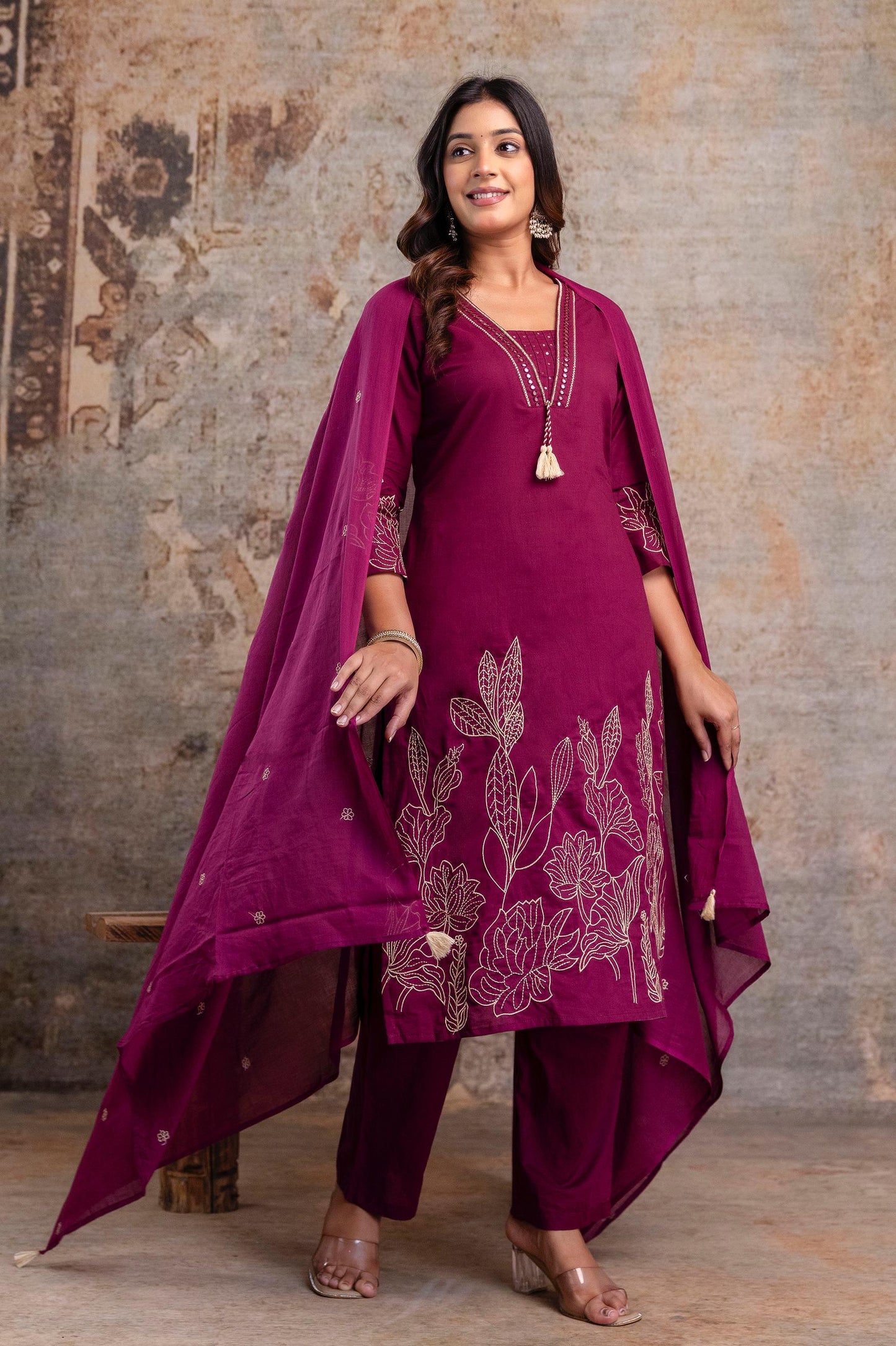 Wine Purple Embroidered Cotton Kurta Set with Dupatta – Women’s Ethnic Wear