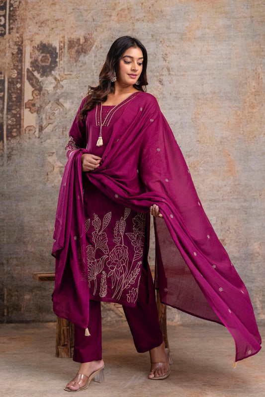 Wine Purple Embroidered Cotton Kurta Set with Dupatta – Women’s Ethnic Wear
