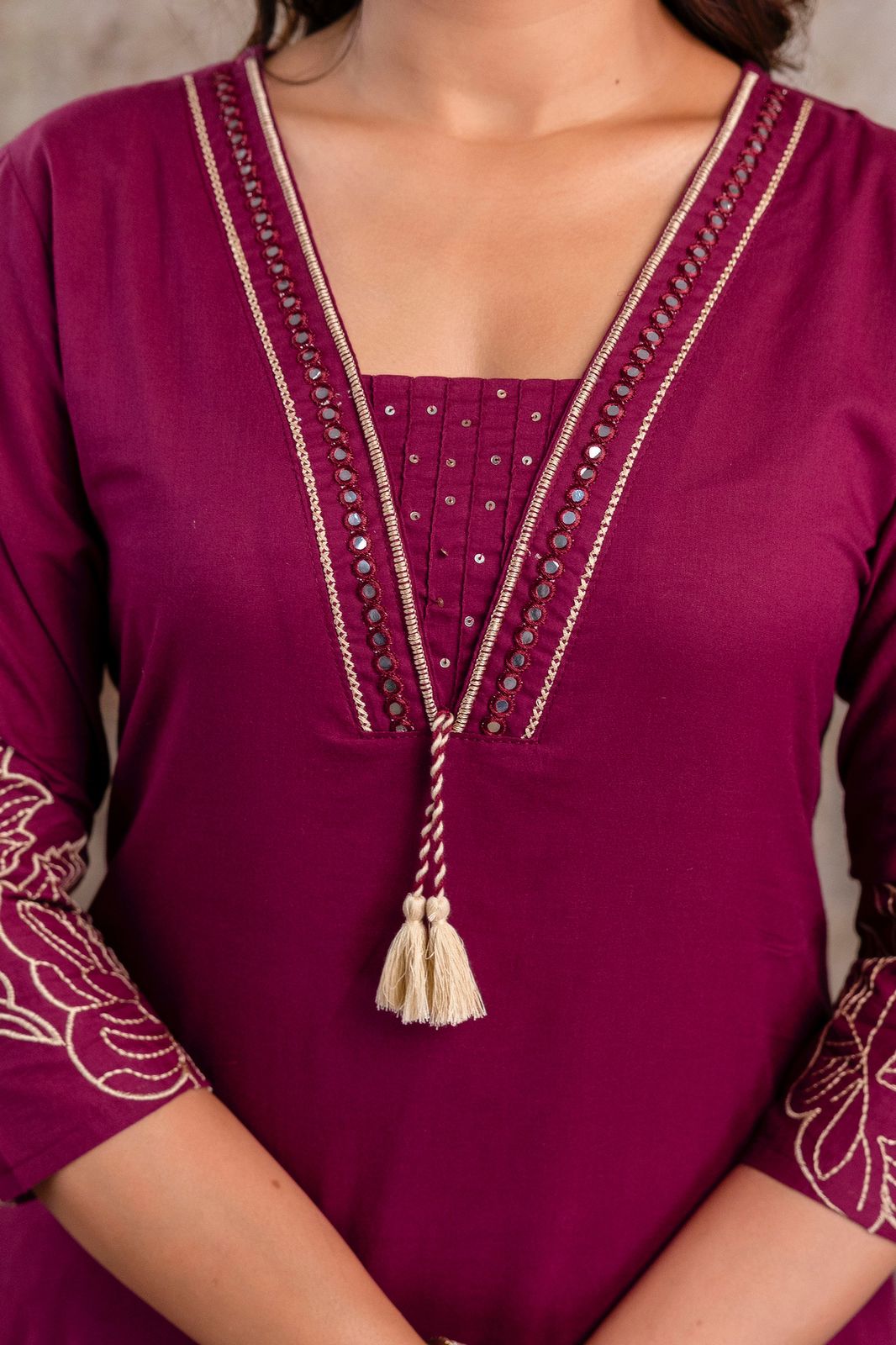 Wine Purple Embroidered Cotton Kurta Set with Dupatta – Women’s Ethnic Wear