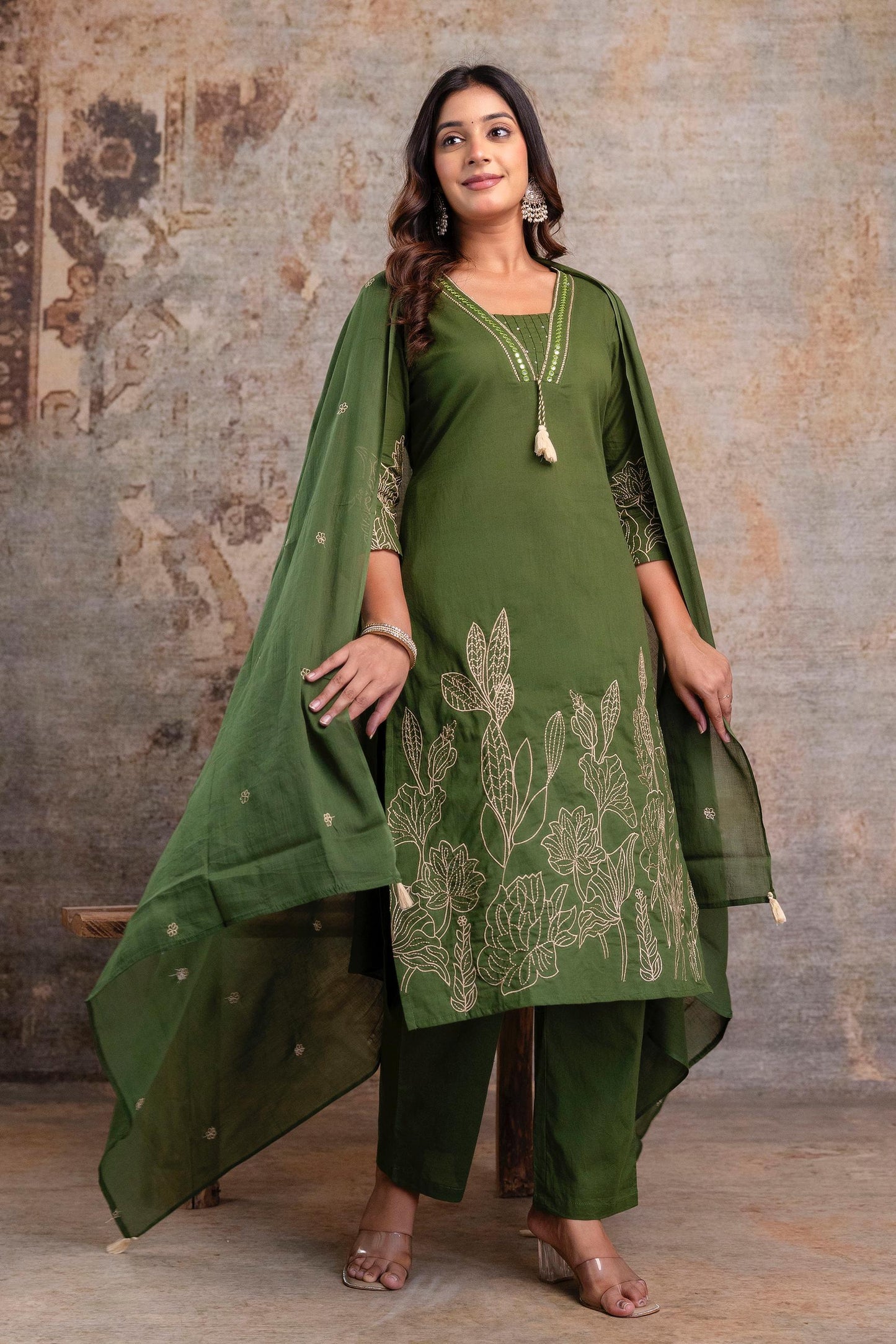 Olive Green Embroidered Cotton Kurta Set with Dupatta – Women’s Ethnic Wear