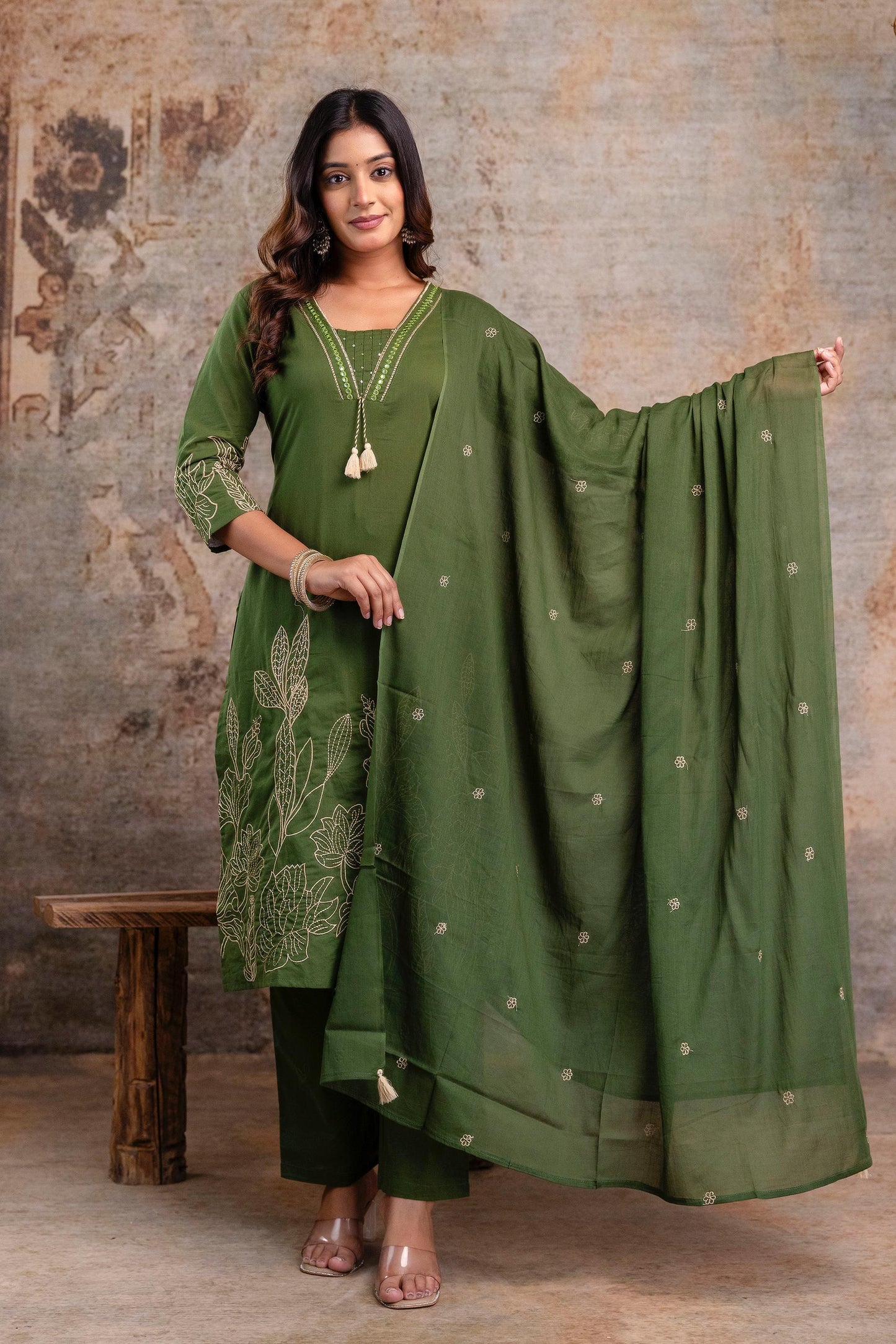 Olive Green Embroidered Cotton Kurta Set with Dupatta – Women’s Ethnic Wear