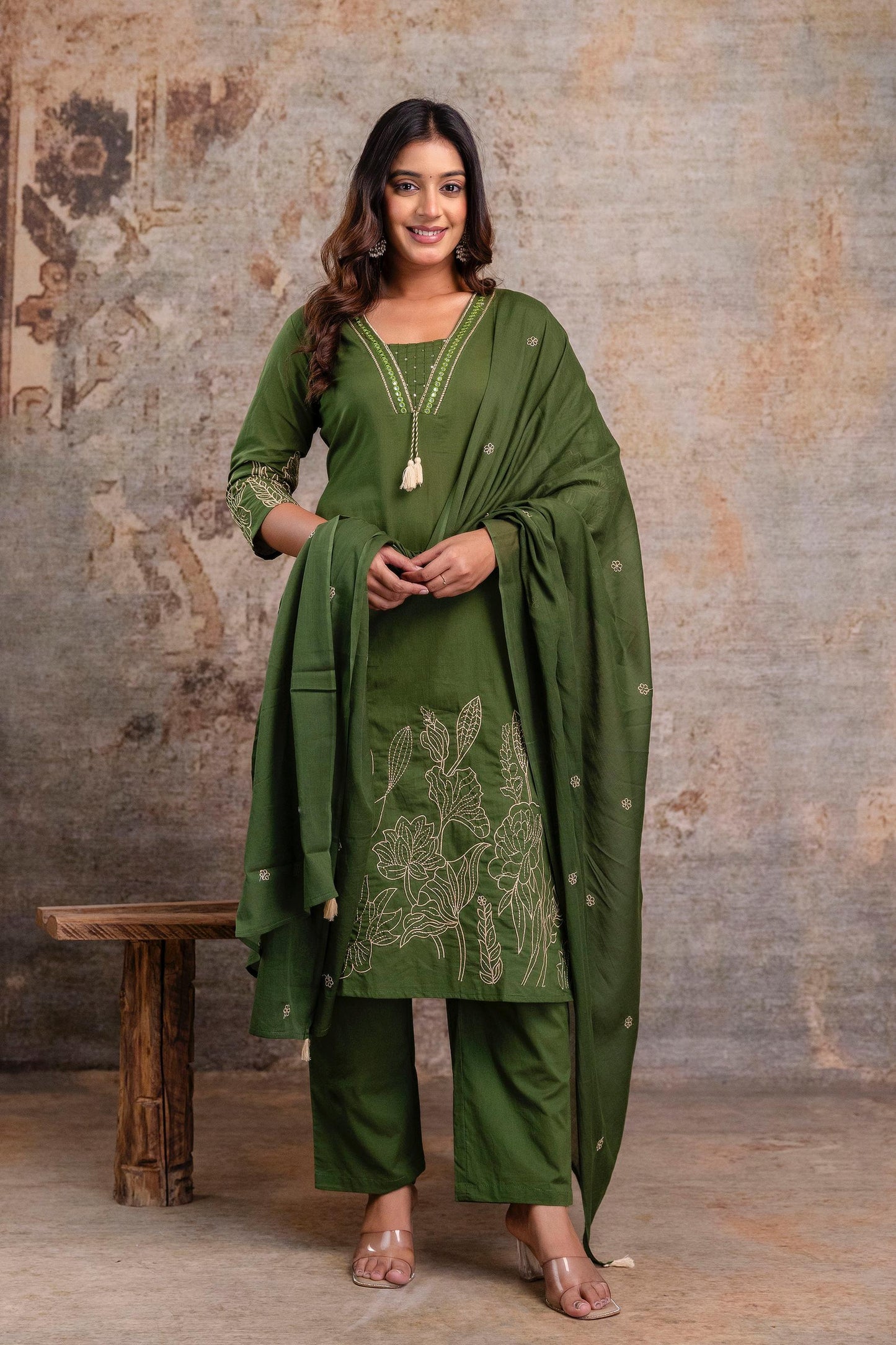 Olive Green Embroidered Cotton Kurta Set with Dupatta – Women’s Ethnic Wear