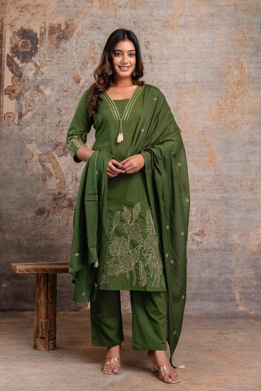 Olive Green Embroidered Cotton Kurta Set with Dupatta – Women’s Ethnic Wear