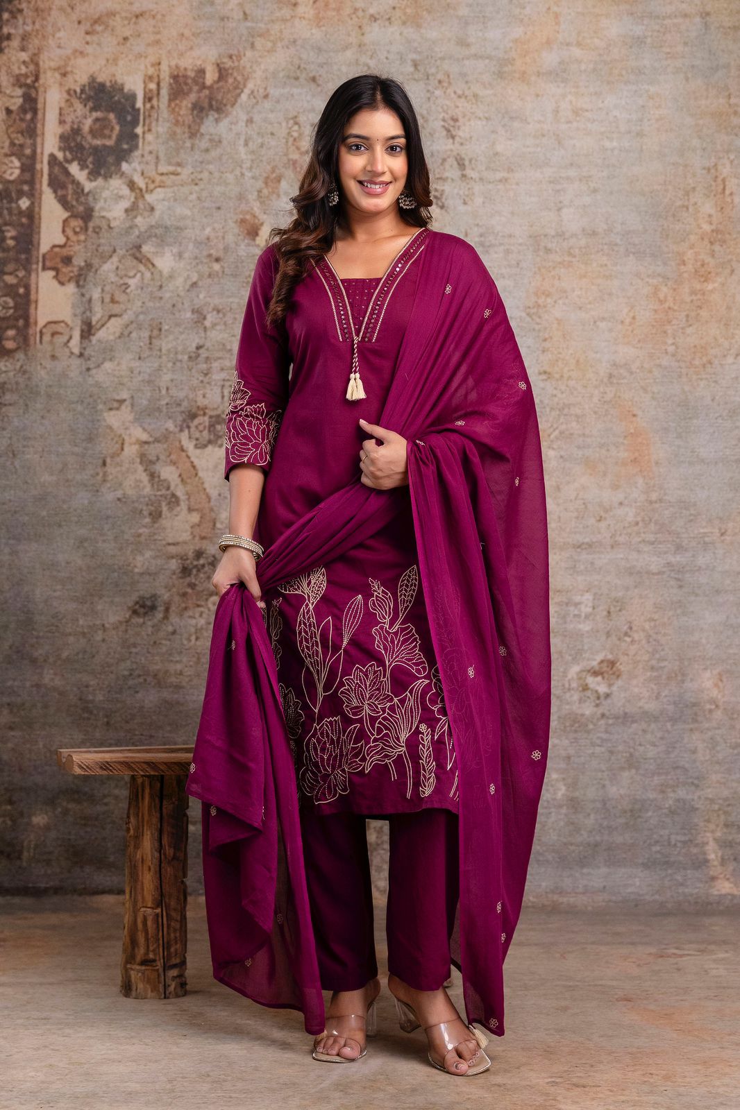 Wine Purple Embroidered Cotton Kurta Set with Dupatta – Women’s Ethnic Wear
