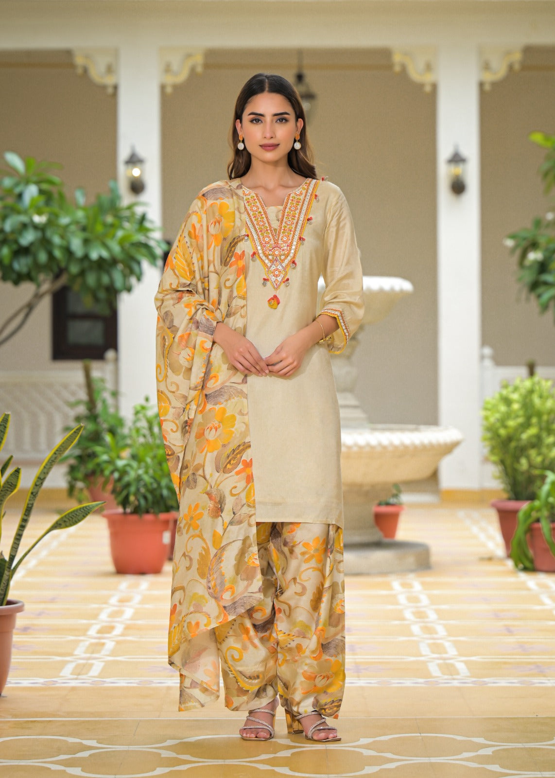 Beige Embroidered Cotton Kurta Set with Floral Printed Dupatta & Pants – Women’s Ethnic Wear