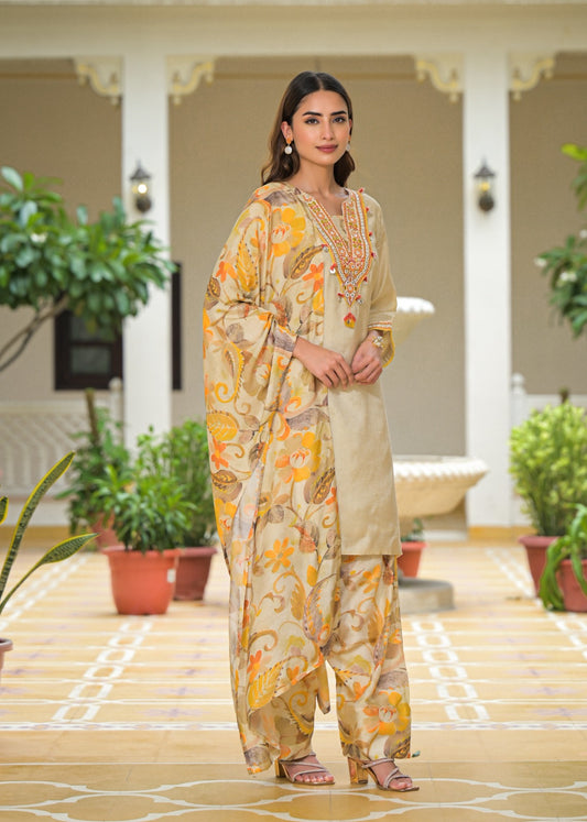 Beige Embroidered Cotton Kurta Set with Floral Printed Dupatta & Pants – Women’s Ethnic Wear