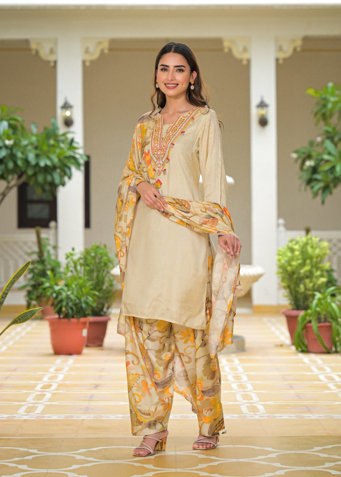 Beige Embroidered Cotton Kurta Set with Floral Printed Dupatta & Pants – Women’s Ethnic Wear