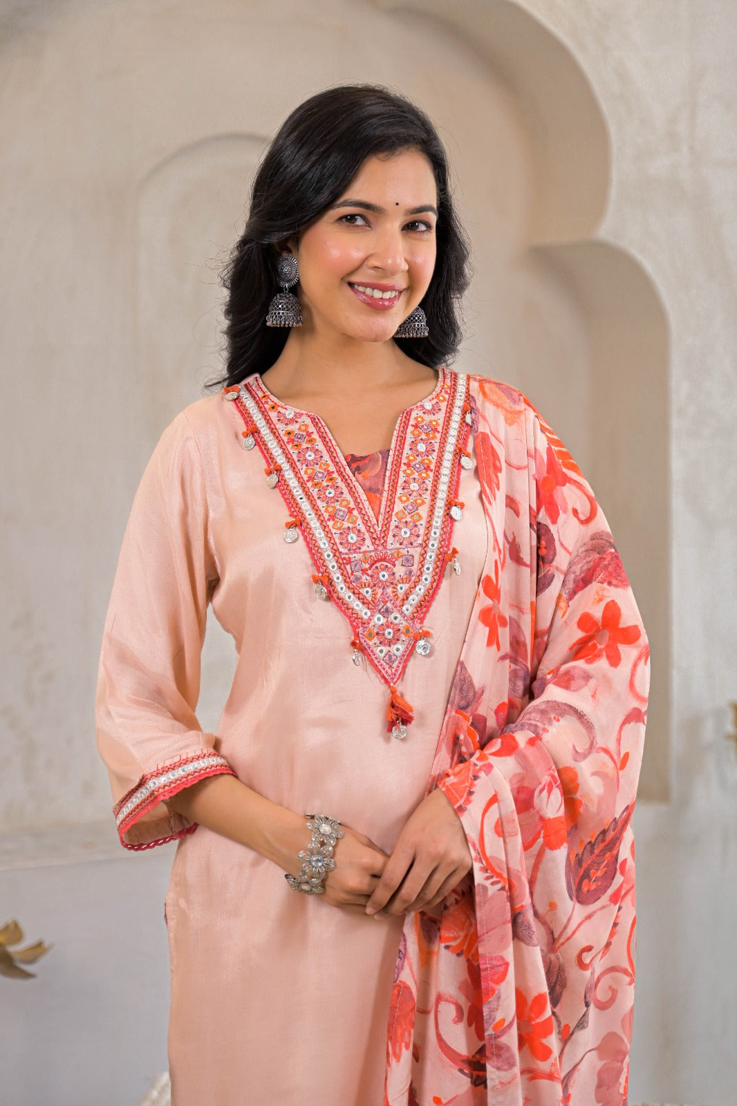 Peach Floral Printed Cotton Kurta Set with Dupatta – Women’s Ethnic Wear