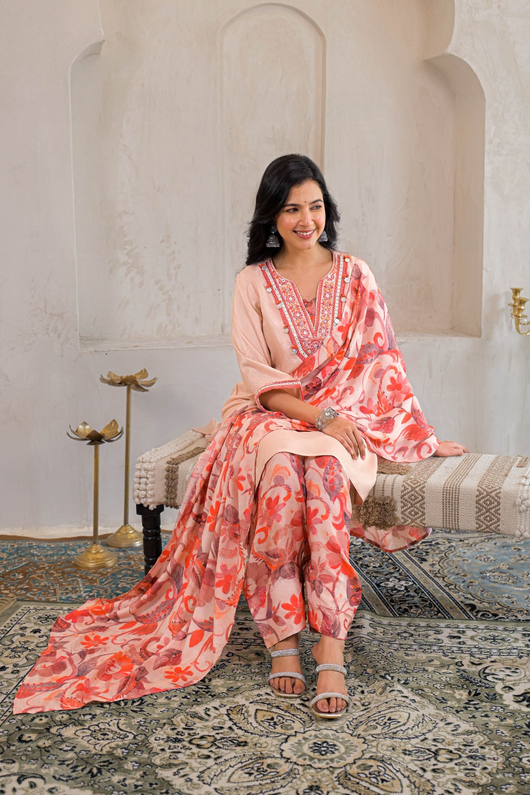 Peach Floral Printed Cotton Kurta Set with Dupatta – Women’s Ethnic Wear