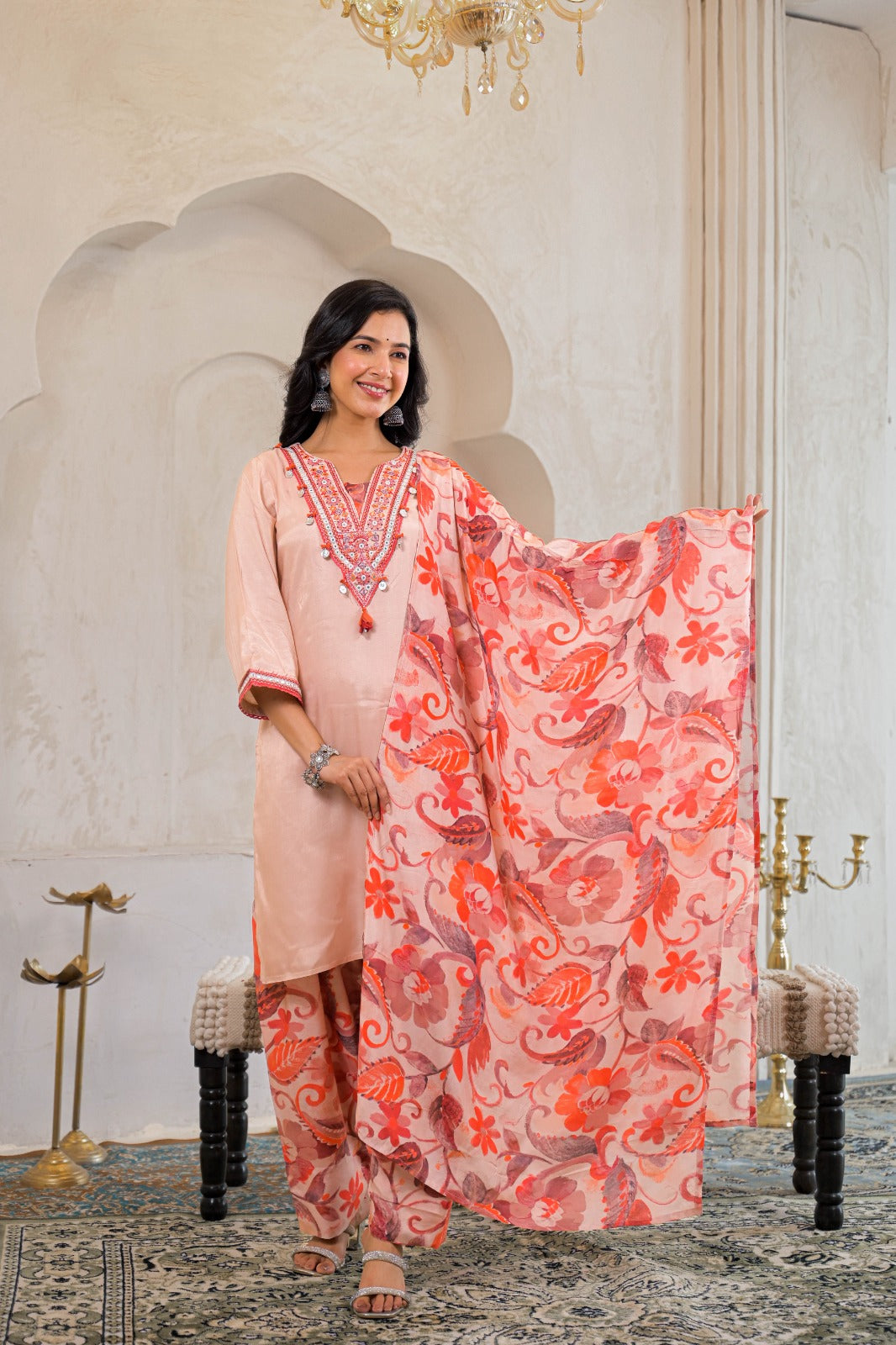 Peach Floral Printed Cotton Kurta Set with Dupatta – Women’s Ethnic Wear