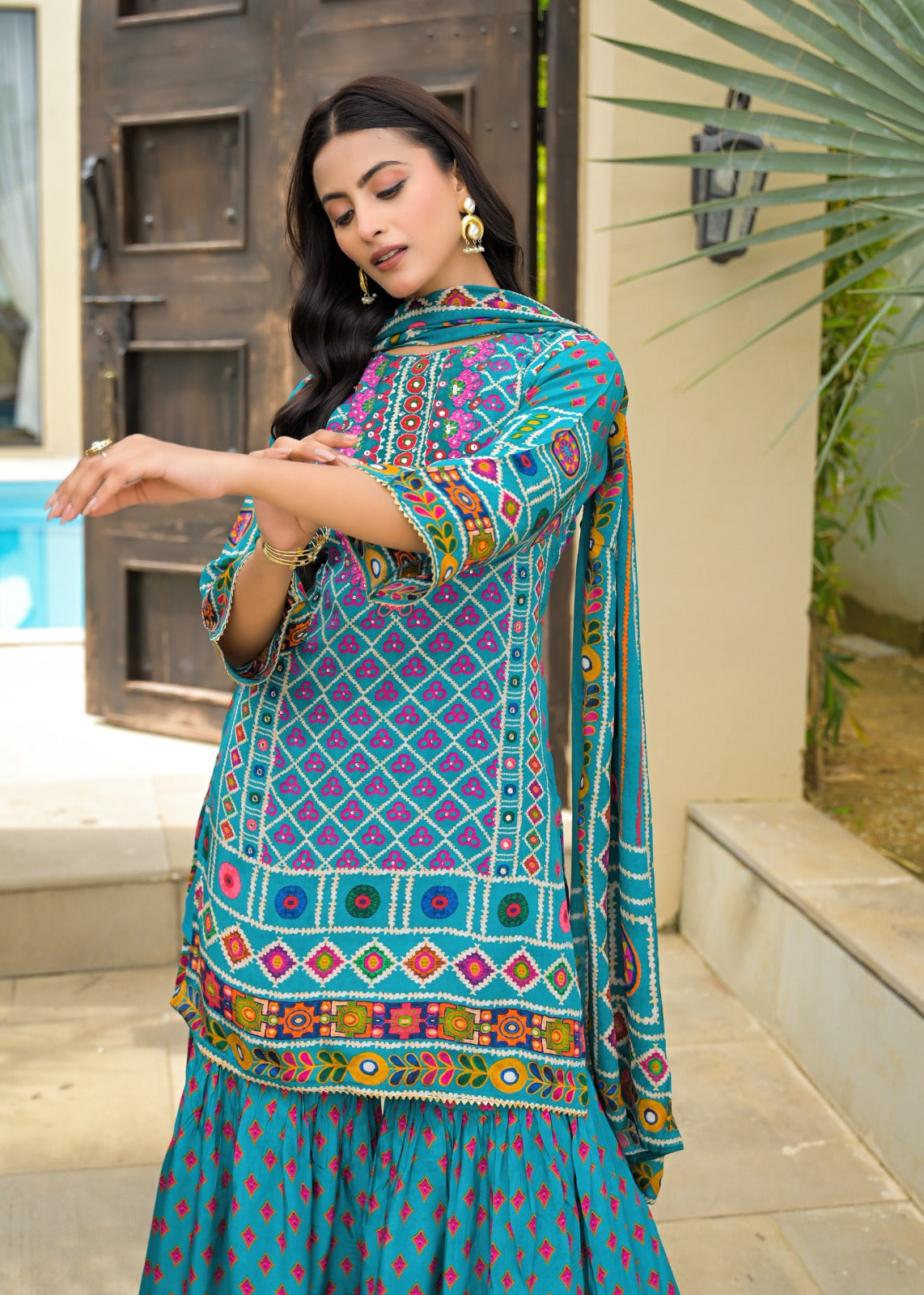 Teal Multicolour Printed Cotton Kurta Sharara Set with Dupatta – Women’s Ethnic Wear