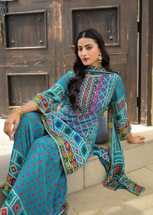 Teal Multicolour Printed Cotton Kurta Sharara Set with Dupatta – Women’s Ethnic Wear