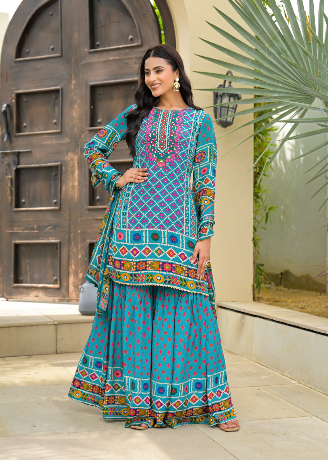Teal Multicolour Printed Cotton Kurta Sharara Set with Dupatta – Women’s Ethnic Wear