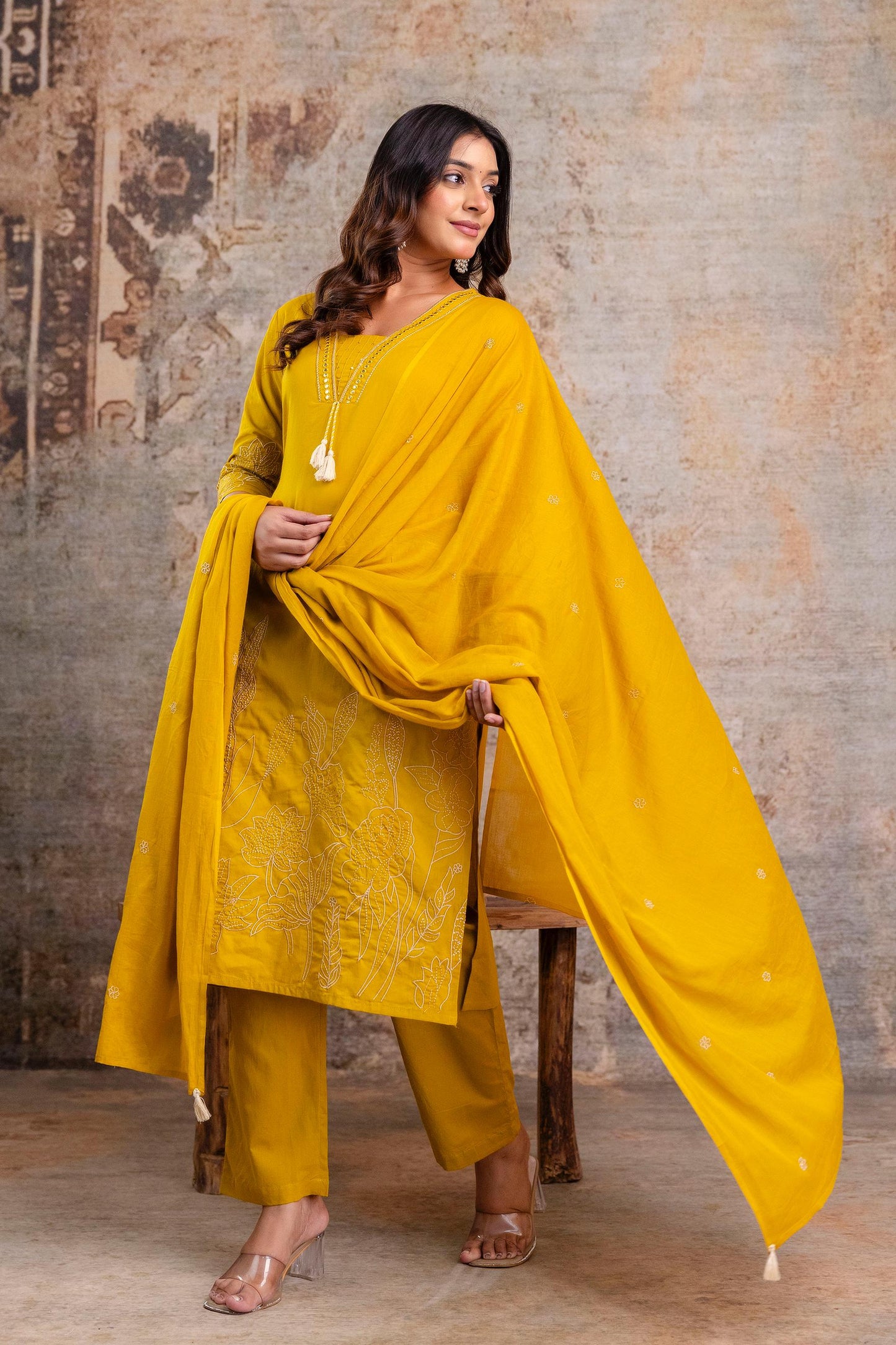 Mustard Yellow Embroidered Cotton Kurta Set with Dupatta – Women’s Ethnic Wear